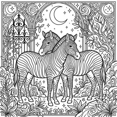 Embark on a captivating coloring journey with two majestic zebras set against a dramatic gothic night sky. This intricate design invites you to explore a world of shadows, stars, and ornate beauty.