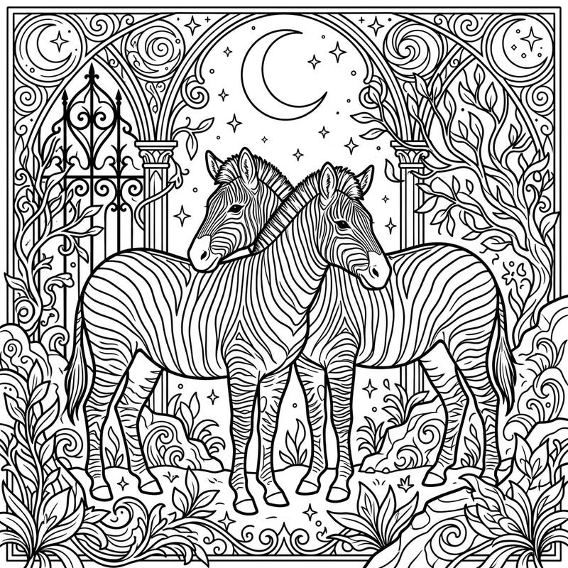 Embark on a captivating coloring journey with two majestic zebras set against a dramatic gothic night sky. This intricate design invites you to explore a world of shadows, stars, and ornate beauty.