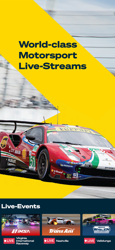 Motorvision | Live Streaming - Motorvision app showcasing world class motorsport live streams and a red Ferrari racing car