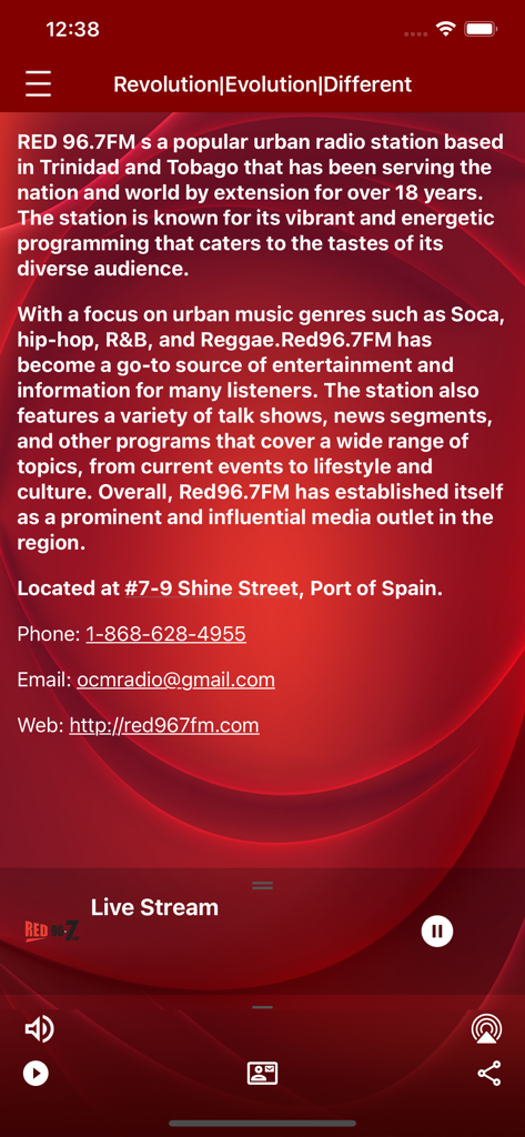 RED 967FM - RED 96.7FM app information screen displaying radio station details and live streaming player