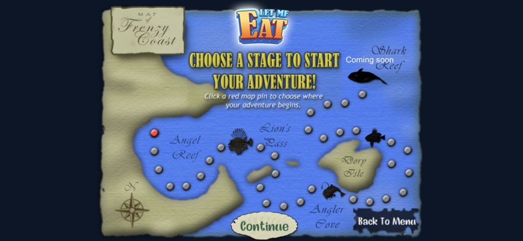 Level selection map of Frenzy Coast in Let Me Eat Feeding Frenzy showing various underwater locations