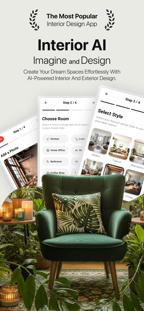 Interior AI: AI Home Designer - Interior AI 앱 스크린샷으로 방 디자인 단계를 보여주며 스타일 선택 포함