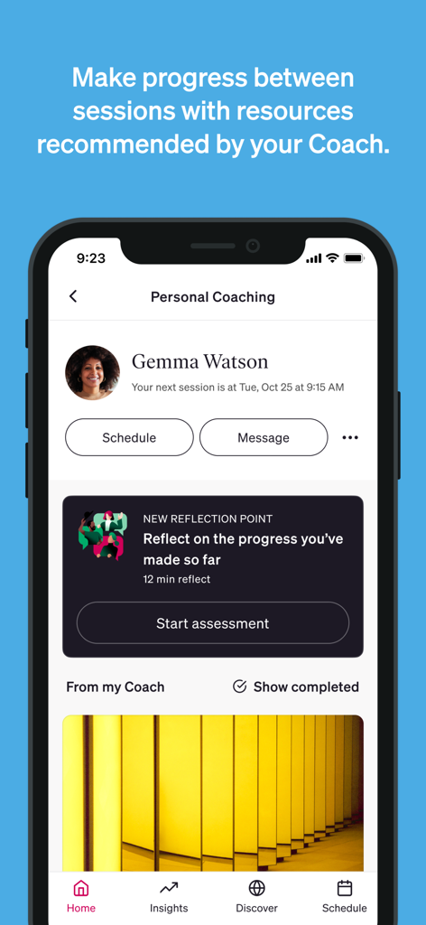 BetterUp app personal coaching screen featuring a coach profile and progress reflection point