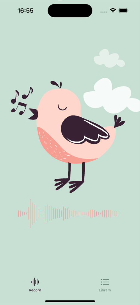 Chirp.QR - Interface of the Chirp.QR app showing a singing pink bird illustration and an audio waveform during recording.