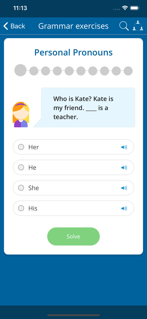 English Course - Learn English - A screenshot of an English grammar exercise about personal pronouns in a mobile learning app.