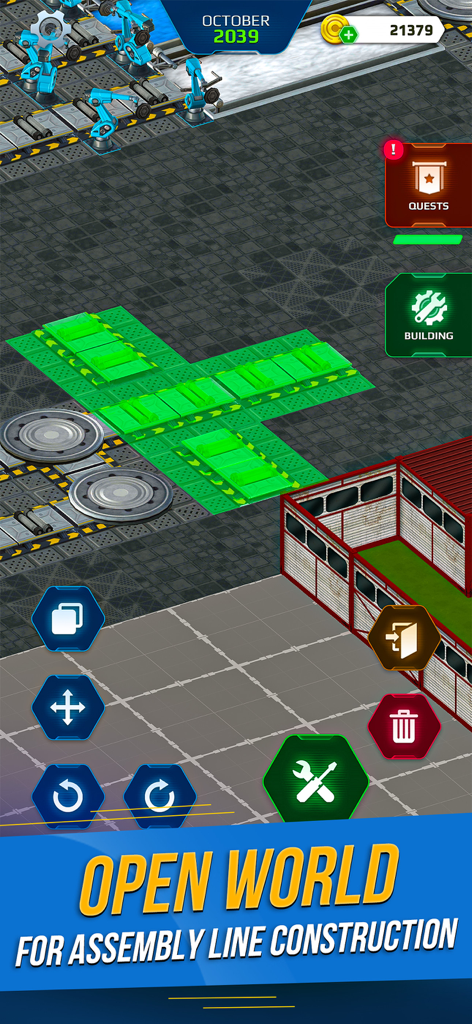 Car Factory Simulator 3d - A 3D simulation showing the construction of an assembly line in a car factory with robotic arms and conveyor belts.