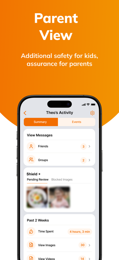 Parent View activity dashboard in Stars Messenger Kids app showing message logs and safety stats