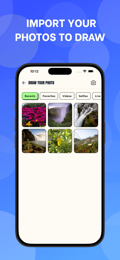 iArt: AR Sketch & Drawing - Interface of iArt app showing a gallery of photos to import for AR sketching and tracing