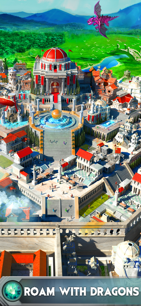 A sprawling Greco-Roman style empire with a purple dragon flying above in Game of War Fire Age