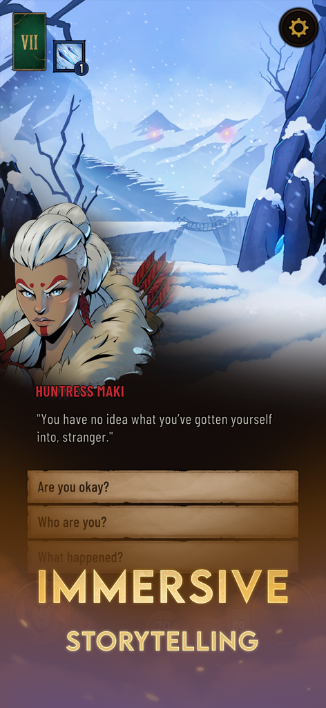 Dawncaster: Deckbuilding RPG - Huntress Maki character dialogue screen in a snowy landscape showcasing immersive storytelling