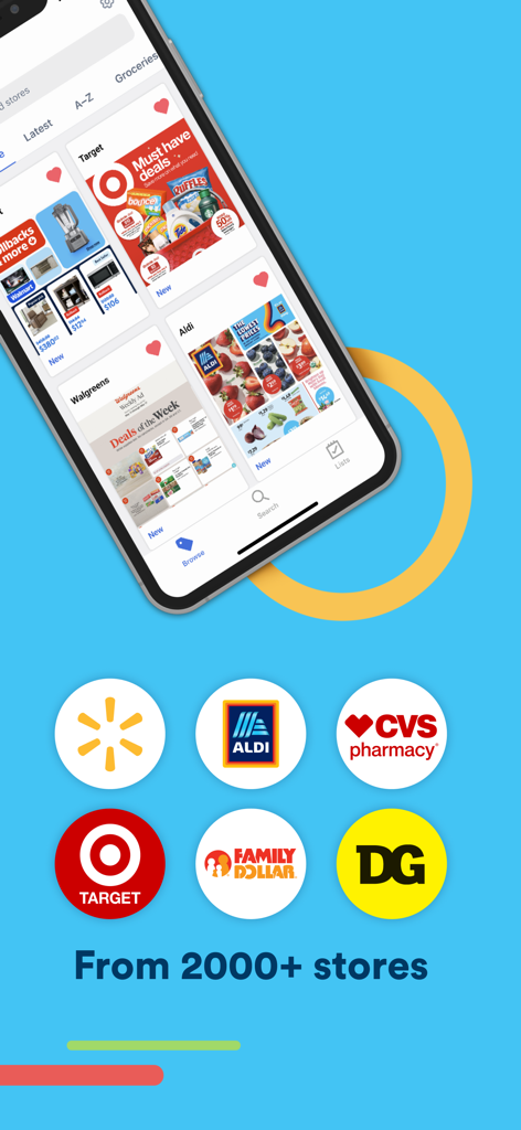 Interfaz de la aplicación Flipp mostrando circulares semanales de comestibles de más de 2000 tiendas, incluyendo Target, Walmart y Aldi