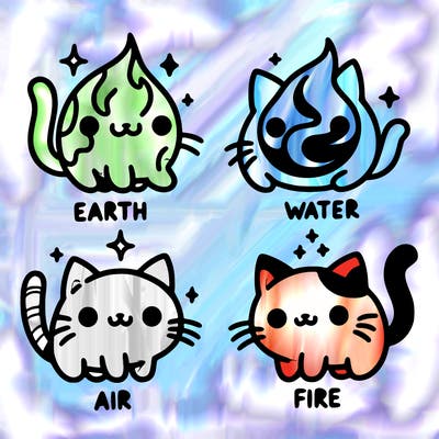 4 cats that represent the different elements, earth, water, air, and fire