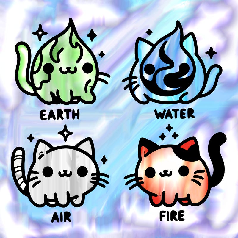 4 cats that represent the different elements, earth, water, air, and fire