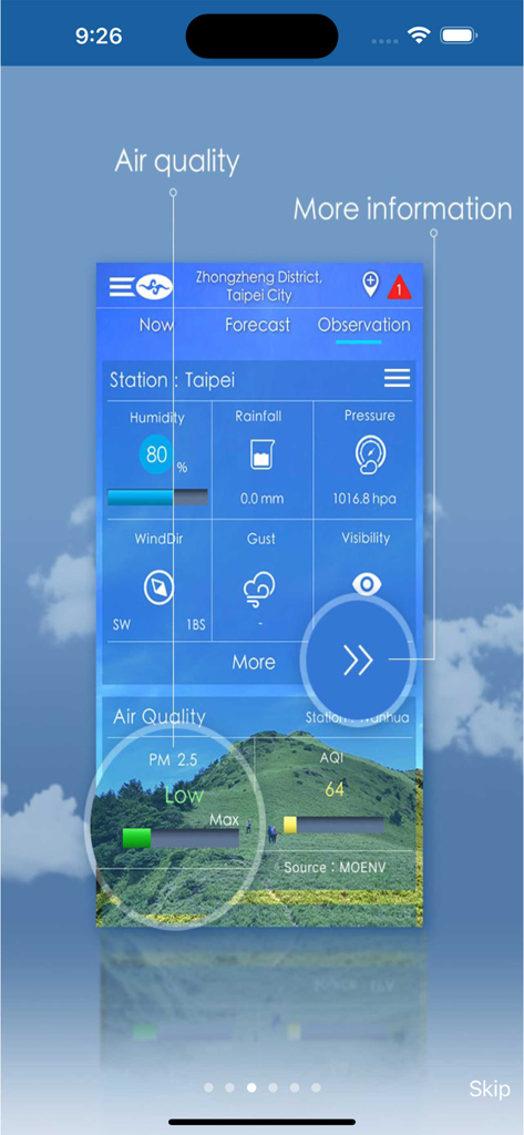 Taiwan Weather app screenshot showing air quality and meteorological observations for Taipei City.