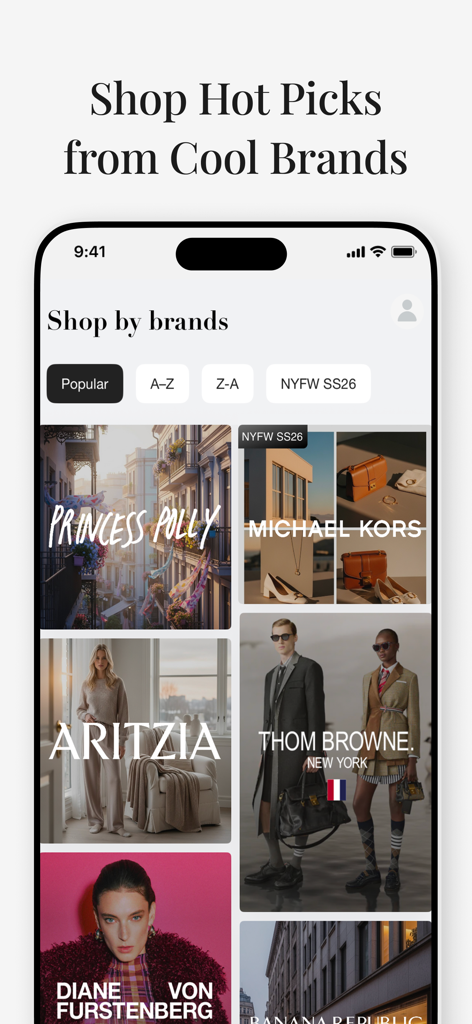 Gensmo: AI Stylist & Try-On - Tela do aplicativo móvel Gensmo apresentando marcas de moda de luxo como Aritzia e Michael Kors