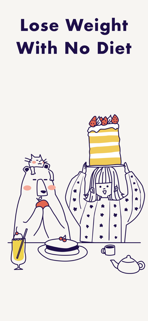 Cartoon illustration of a girl and a bear with a large cake and the headline Lose Weight With No Diet
