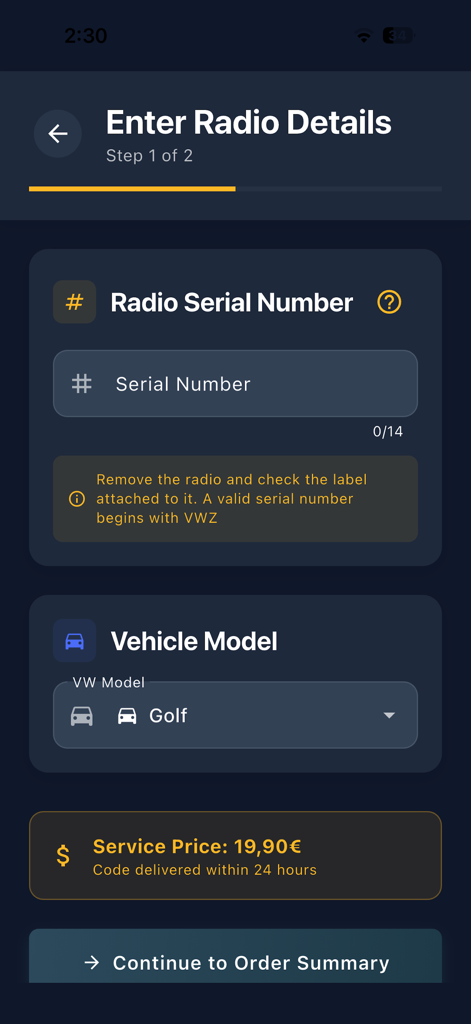 Auto Radio Code Generator - VW - Screen for entering Volkswagen radio serial number and car model to get an unlock code