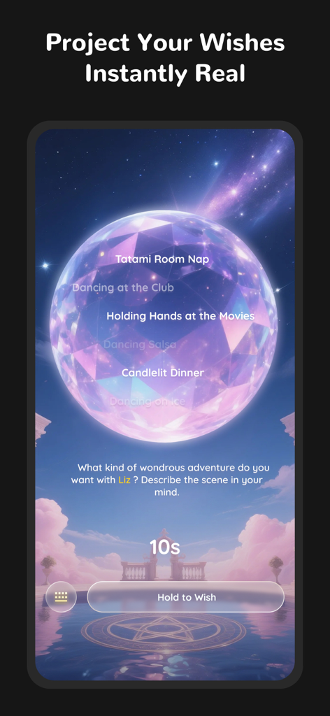 Mate-Soulmates For Every Step - Interface do aplicativo Mate de companheira de IA mostrando a seleção de cena de roleplay imersiva com uma exibição de orbe de cristal