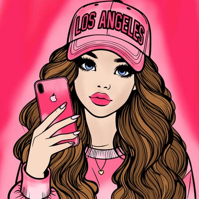 realistic beautiful girl wearing los ángeles cap holding an iphone
