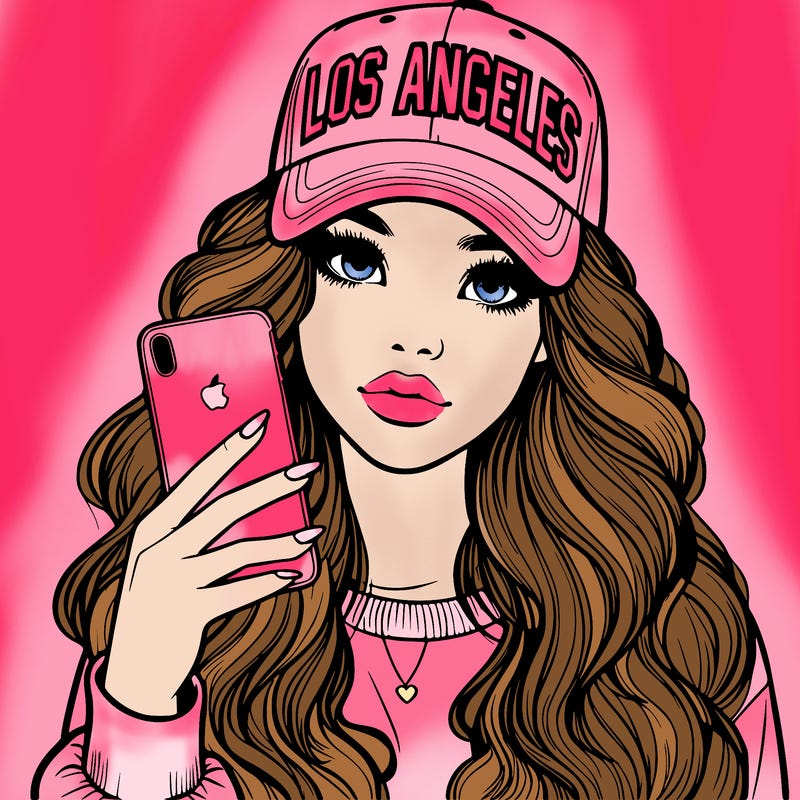 realistic beautiful girl wearing los ángeles cap holding an iphone