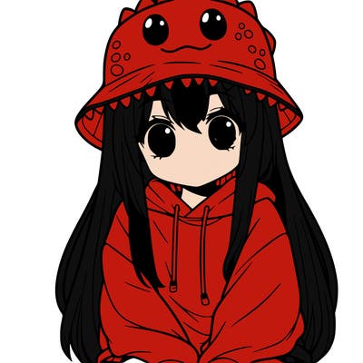 girl with anime shaped eyes with a dinosaur bucket hat oversized sweatshirt long straight hair