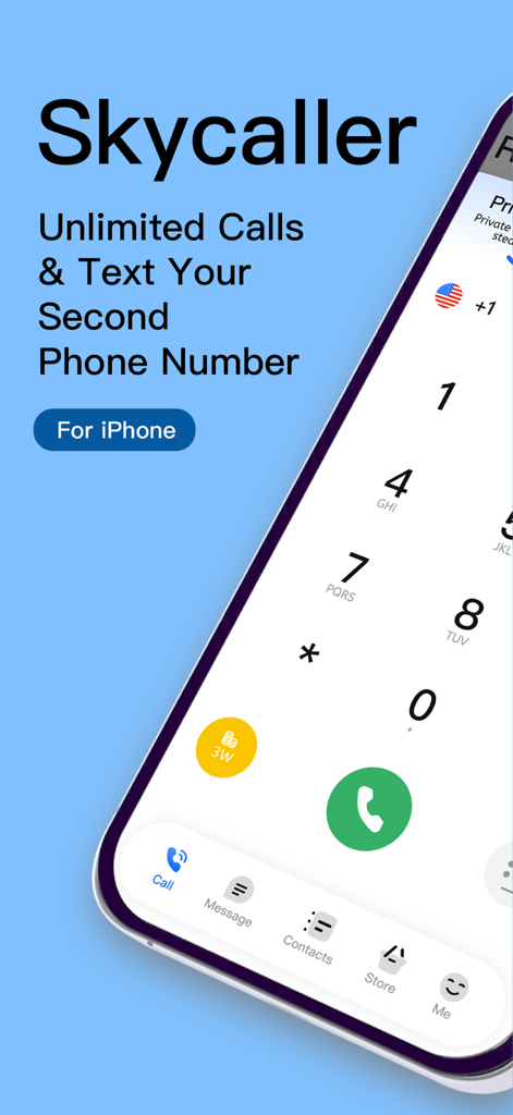 Skycaller:Unlimited Call&Text - Skycaller app interface for second phone number calls and texts on iPhone