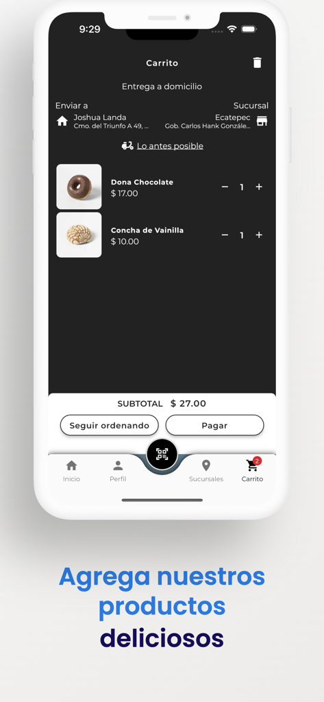 Una pantalla de teléfono móvil que muestra el carrito de compras de la aplicación Pastelerías Esperanza con una dona de chocolate y una concha de vainilla añadidas al pedido.