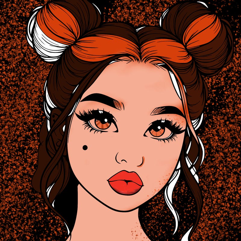 realistic girl with two buns on her hair and lips