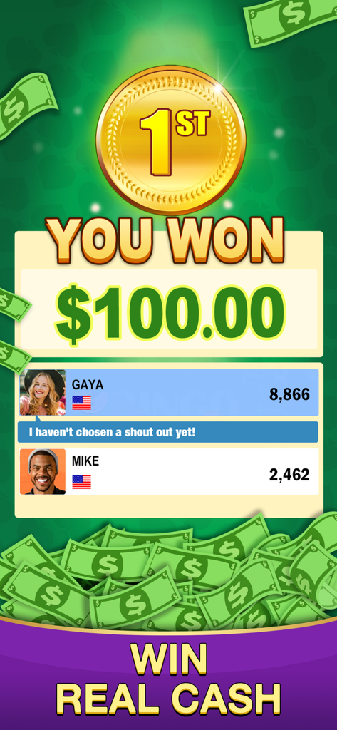 Spades Cash 2: Real Money Game - Screenshot of Spades Cash 2 showing a player winning one hundred dollars in a real money tournament.