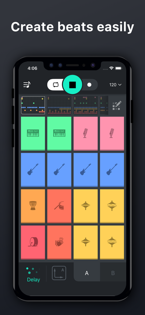 Beat Snap 2 app interface showing a colorful 16-pad drum grid for music production.