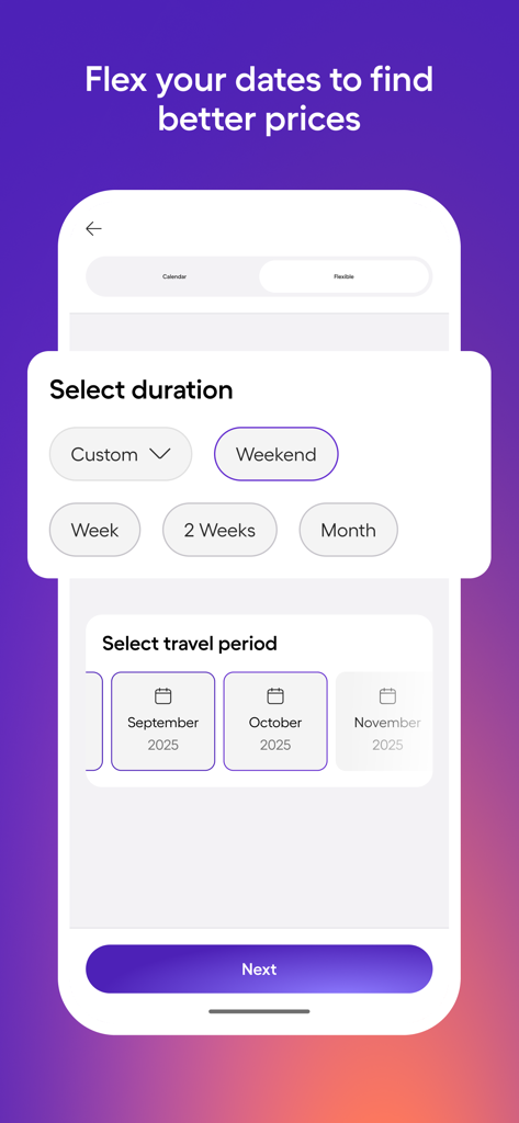 Pantalla de la aplicación HomeToGo para seleccionar fechas de viaje flexibles y duración de la estancia