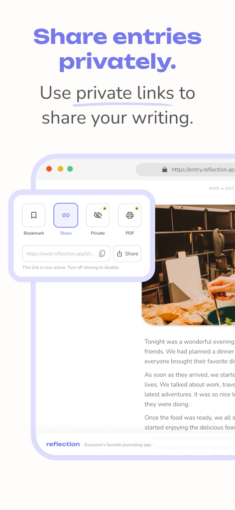 Private sharing options for journal entries in the Reflection app.