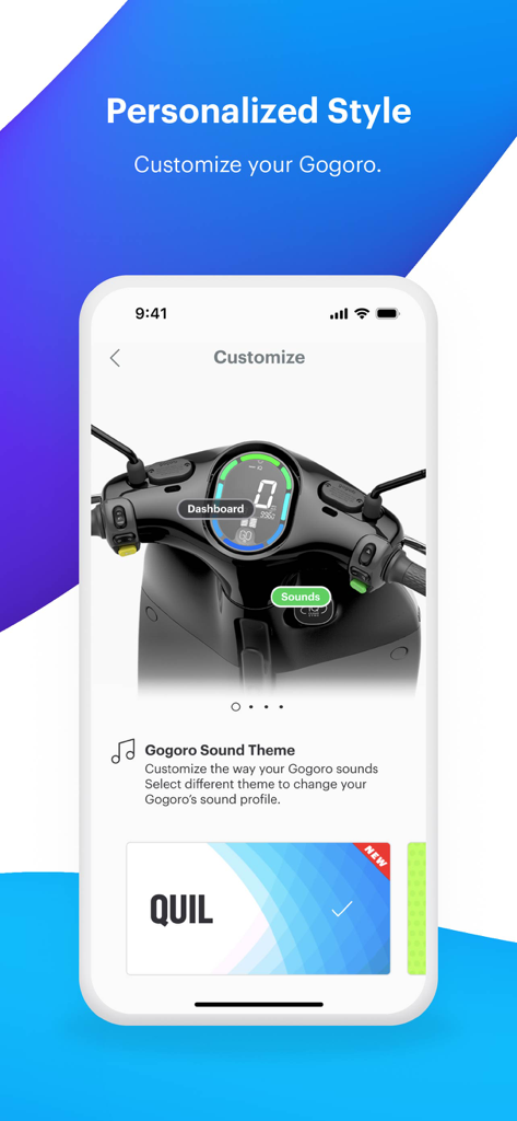 Gogoro® - Gogoro app interface for customizing scooter dashboard colors and sound themes.