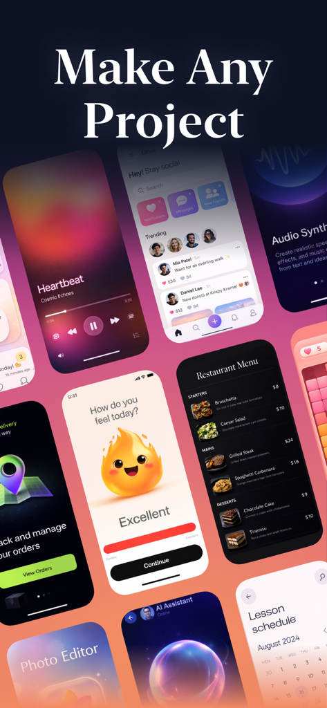 Una collage di diverse interfacce di app mobile e progetti creati con Lovable AI App Builder Pro