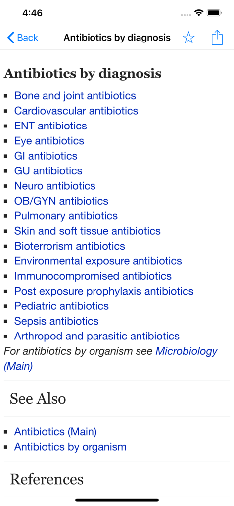 WikEM - WikEM app screen displaying a list of antibiotics categorized by medical diagnosis