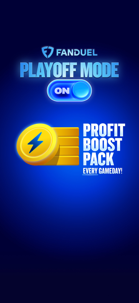 FanDuel Sportsbook promotional screen showing Playoff Mode toggle turned on and a profit boost pack for every gameday