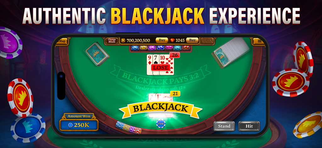 A mobile screen showing a winning blackjack hand in the Scatter Holdem Poker app with chips and cards.