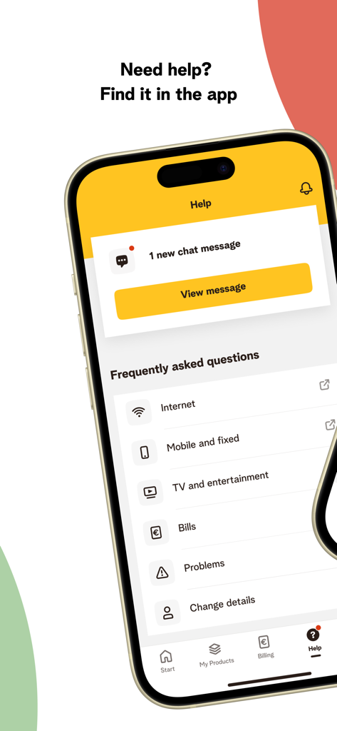 MyTelenet - MyTelenet app help screen with chat messages and frequently asked questions