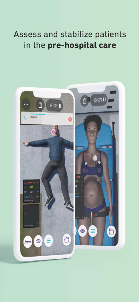 Body Interact - Two mobile screens showing pre-hospital medical simulation scenarios in the Body Interact app