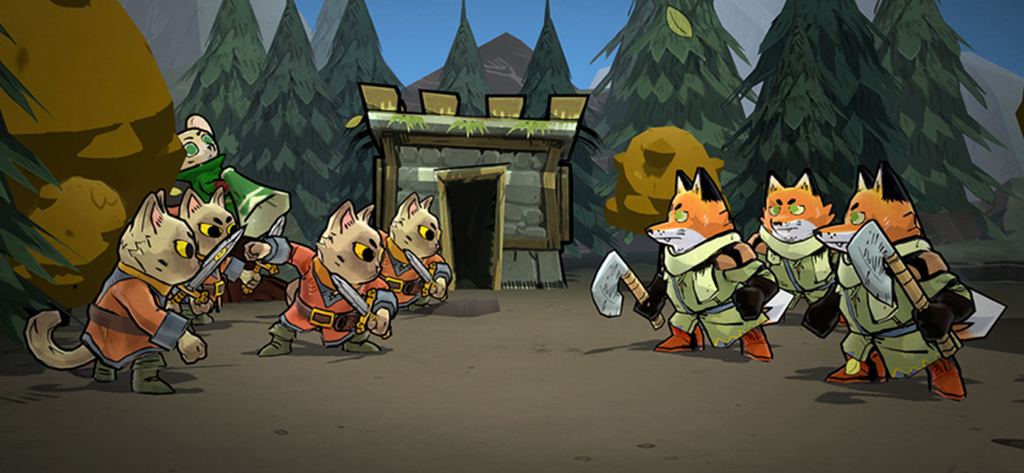 Root Board Game - Soldats chats avec des épées et des guerriers renards avec des haches s'affrontant dans un décor forestier