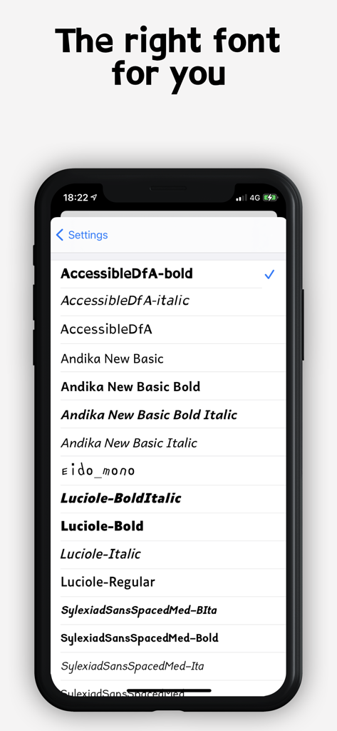 Dyslexia fonts - スマートフォンの画面。LucioleやAndikaを含む、ディスレクシアの人々向けのアクセシブルなフォントのリストが表示されている。