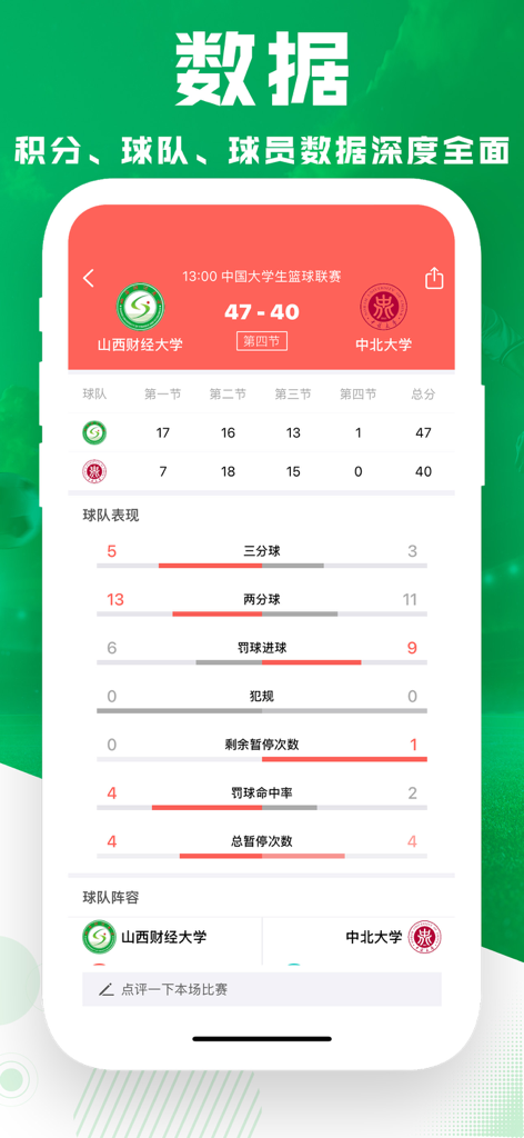 熊熊体育-综合体育比分直播 - Xiongxiong Sports app displaying comprehensive basketball match statistics and team performance data