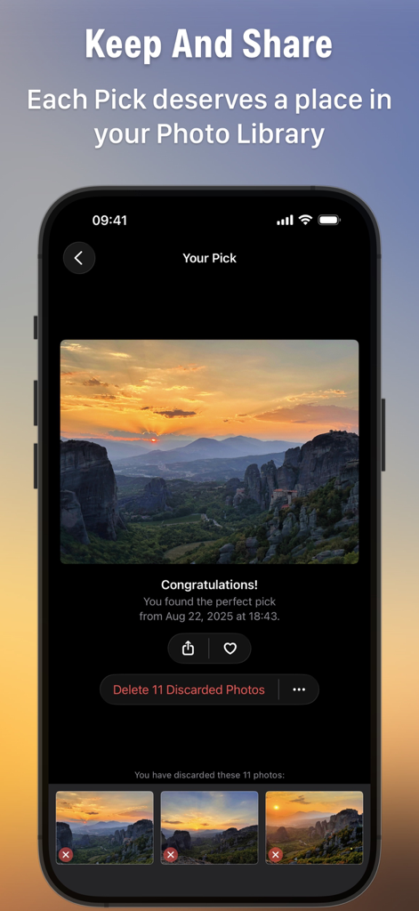 Photoscope: Best Photo Picker - Interfaz de la aplicación Photoscope que muestra una foto de atardecer seleccionada y la opción de eliminar 11 fotos similares descartadas.