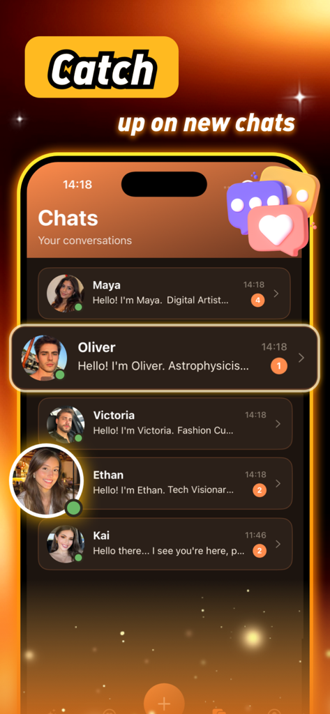 Vexol - The Vexol app chat interface displaying several AI companion profiles including Maya, Oliver, and Victoria with message notifications
