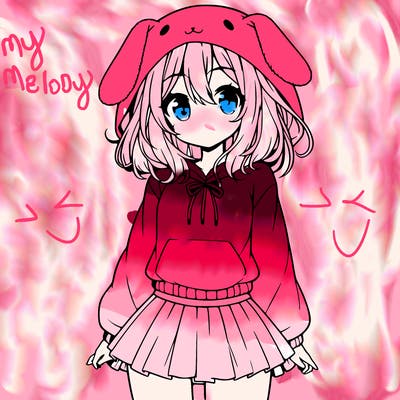 pretty anime girl wearing a fluffy hoodie with bunny ears on the hood and a skirt