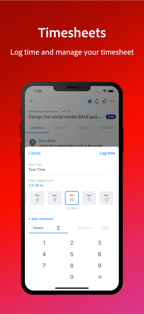プロジェクトタスクの時間を記録するためのAdobe Workfrontモバイルアプリのインターフェース