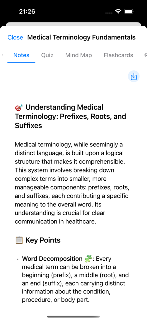 Brainote AI: note,mindmap,memo - Brainote AI app interface displaying structured study notes for medical terminology with key points and word decomposition sections.