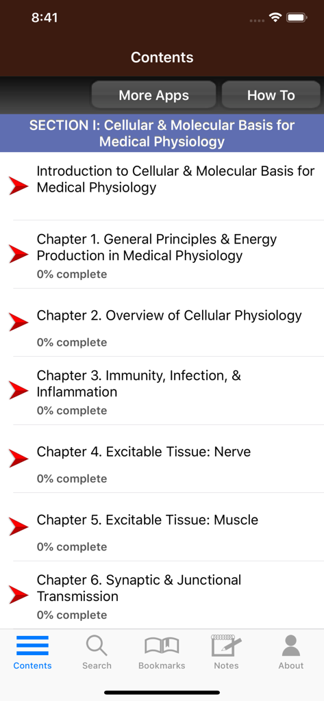 Ganong's Review Physiology 26E - Table of contents screen in the Ganong's Review Physiology app listing chapters on cellular and molecular medical physiology