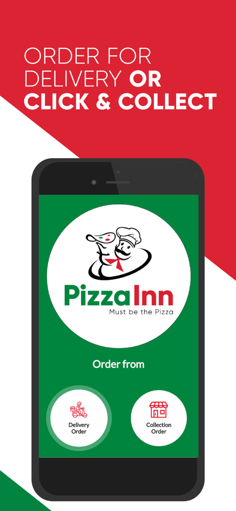 Pizza Inn Zimbabwe - Pizza Inn Zimbabwe mobile app interface showing options to order for delivery or click and collect