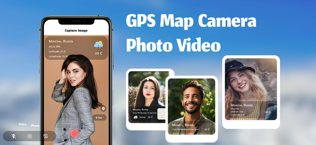 GPS Map Camera - Geo Timestamp - GPS Map Camera app interface showing photos with location and timestamp geotags